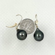 Load image into Gallery viewer, 14k Yellow Gold 11–12 mm Teardrop Black Tahitian Pearl Leverback Earrings