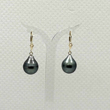 Load image into Gallery viewer, 14k Yellow Gold 11–12 mm Teardrop Black Tahitian Pearl Leverback Earrings
