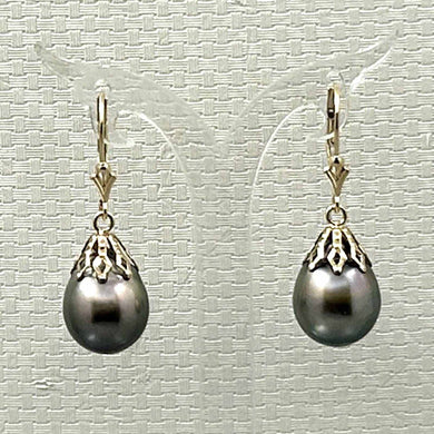 14k Yellow Gold Leverback Baroque Black Tahitian Pearl Dangle Earrings