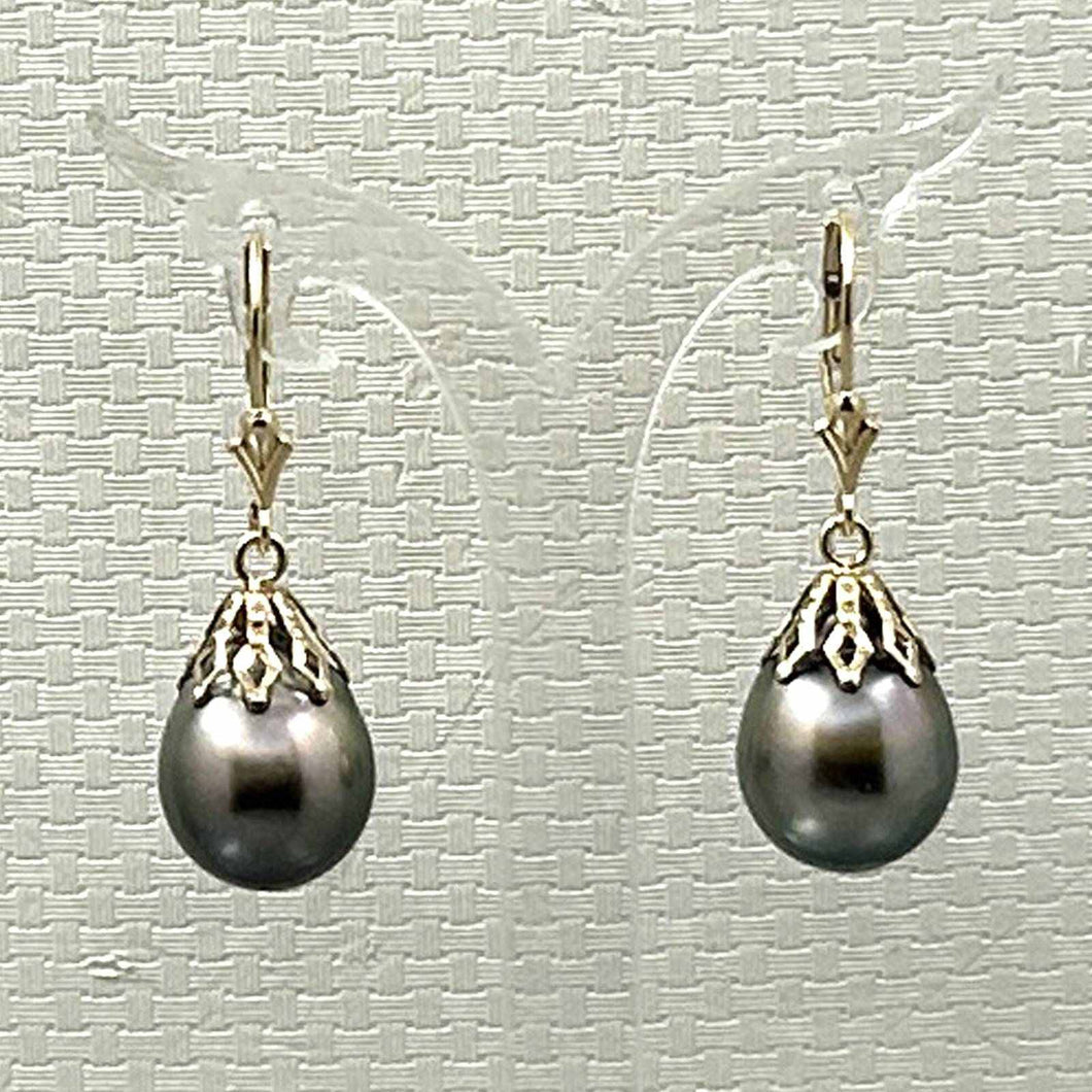 14k Yellow Gold Leverback Baroque Black Tahitian Pearl Dangle Earrings