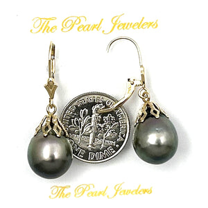 14k Yellow Gold Leverback Baroque Black Tahitian Pearl Dangle Earrings