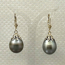 Load image into Gallery viewer, 14k Yellow Gold Leverback Baroque Grey Tone Tahitian Pearl Dangle Earrings