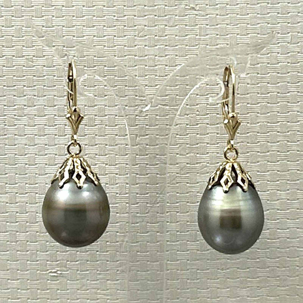 14k Yellow Gold Leverback Baroque Grey Tone Tahitian Pearl Dangle Earrings
