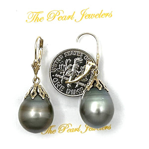 14k Yellow Gold Leverback Baroque Grey Tone Tahitian Pearl Dangle Earrings