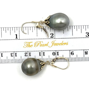 14k Yellow Gold Leverback Baroque Grey Tone Tahitian Pearl Dangle Earrings
