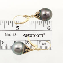 Load image into Gallery viewer, 14k Yellow Gold Leverback Cap Black Green Baroque Tahitian Pearl Dangle Earrings