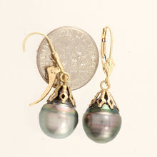Load image into Gallery viewer, 14k Yellow Gold Leverback Cap Black Green Baroque Tahitian Pearl Dangle Earrings