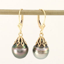 Load image into Gallery viewer, 14k Yellow Gold Leverback Cap Black Green Baroque Tahitian Pearl Dangle Earrings