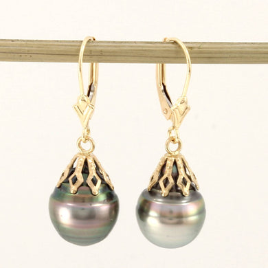 14k Yellow Gold Leverback Cap Black Green Baroque Tahitian Pearl Dangle Earrings