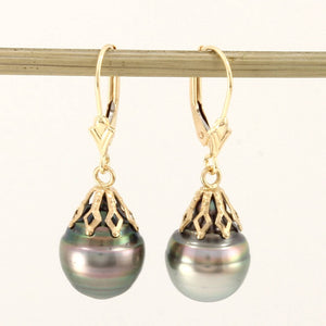14k Yellow Gold Leverback Cap Black Green Baroque Tahitian Pearl Dangle Earrings