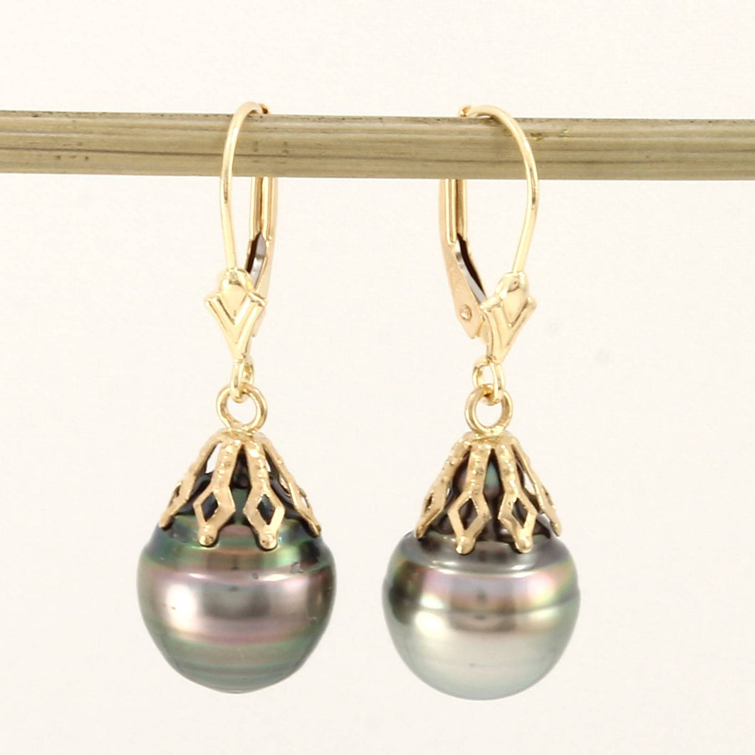 14k Yellow Gold Leverback Cap Black Green Baroque Tahitian Pearl Dangle Earrings
