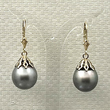Load image into Gallery viewer, 1T00222C GREY TAHITIAN PEARL DANGLE EARRINGS 14KT YELLOW GOLD