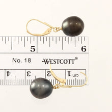 Load image into Gallery viewer, Natural Black Tahitian Pearl Leverback Dangle Earrings – 14k Yellow Gold