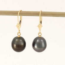 Load image into Gallery viewer, Natural Black Tahitian Pearl Leverback Dangle Earrings – 14k Yellow Gold