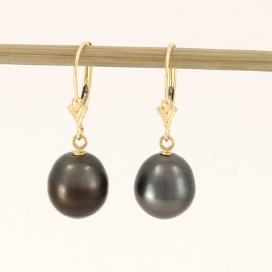 Natural Black Tahitian Pearl Leverback Dangle Earrings – 14k Yellow Gold