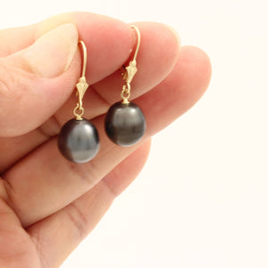 Natural Black Tahitian Pearl Leverback Dangle Earrings – 14k Yellow Gold