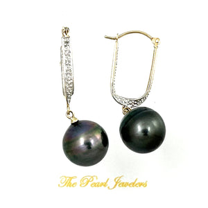 1T01142 14K YELLOW GOLD DIAMOND CHARMING BLACK TAHITIAN PEARL DANGLE EARRINGS