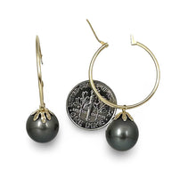 Load image into Gallery viewer, Flower Cup Tahitian Pearl Hoop Earrings – 14k Yellow Gold