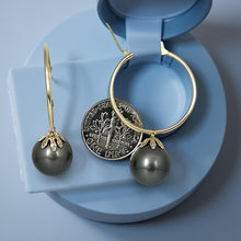 Load image into Gallery viewer, Flower Cup Tahitian Pearl Hoop Earrings – 14k Yellow Gold