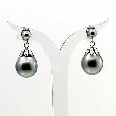 1T04917 REAL TAHITIAN PEARL 14K WHITE SOLID GOLD DROP/DANGLE EARRINGS