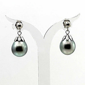 1T04917 REAL TAHITIAN PEARL 14K WHITE SOLID GOLD DROP/DANGLE EARRINGS