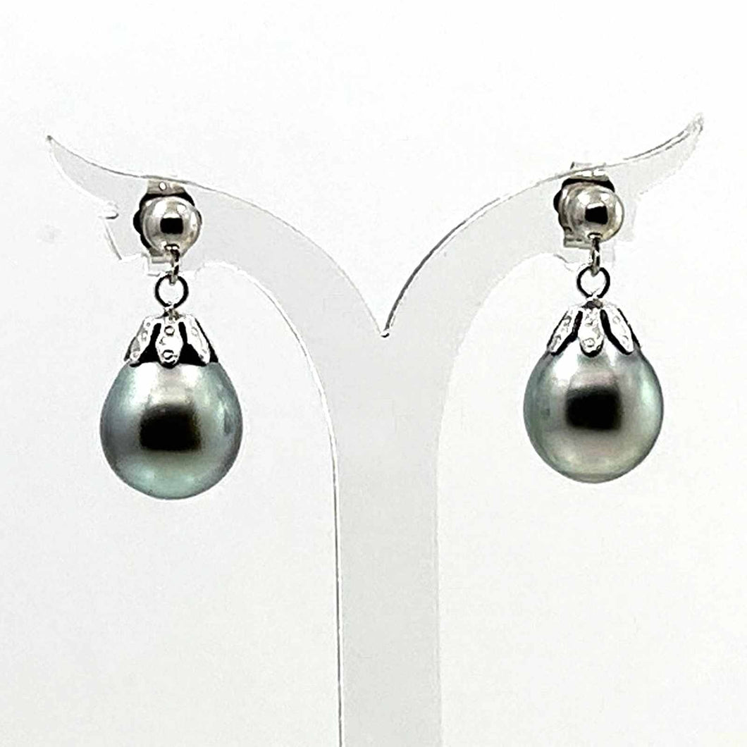 1T04917 REAL TAHITIAN PEARL 14K WHITE SOLID GOLD DROP/DANGLE EARRINGS