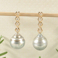 Load image into Gallery viewer, Smoky White Baroque Tahitian Pearl &amp; Diamond Heart Dangle Earrings – 14k Yellow Gold