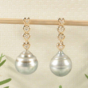 Smoky White Baroque Tahitian Pearl & Diamond Heart Dangle Earrings – 14k Yellow Gold