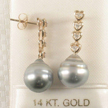 Load image into Gallery viewer, Smoky White Baroque Tahitian Pearl &amp; Diamond Heart Dangle Earrings – 14k Yellow Gold
