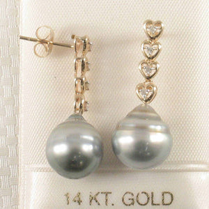 Smoky White Baroque Tahitian Pearl & Diamond Heart Dangle Earrings – 14k Yellow Gold