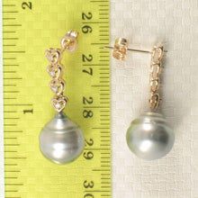 Load image into Gallery viewer, Smoky White Baroque Tahitian Pearl &amp; Diamond Heart Dangle Earrings – 14k Yellow Gold