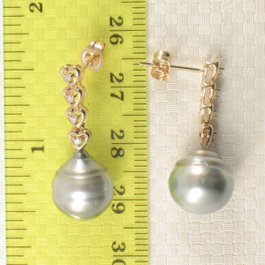 Smoky White Baroque Tahitian Pearl & Diamond Heart Dangle Earrings – 14k Yellow Gold