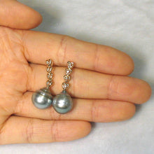 Load image into Gallery viewer, Smoky White Baroque Tahitian Pearl &amp; Diamond Heart Dangle Earrings – 14k Yellow Gold
