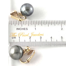Load image into Gallery viewer, Non Pierced Black Tahitian Pearl Dangle Earrings 14k Yellow Gold Fill