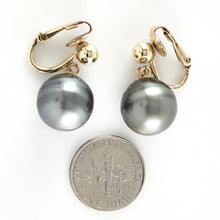 Load image into Gallery viewer, Non Pierced Black Tahitian Pearl Dangle Earrings 14k Yellow Gold Fill