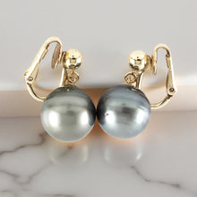 Load image into Gallery viewer, Non Pierced Black Tahitian Pearl Dangle Earrings 14k Yellow Gold Fill