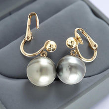 Load image into Gallery viewer, Non Pierced Black Tahitian Pearl Dangle Earrings 14k Yellow Gold Fill