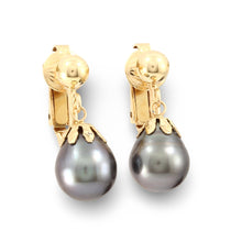Load image into Gallery viewer, Smoky White Tahitian Pearl Clip On Dangle Earrings – 14k Yellow Gold &amp; Fill