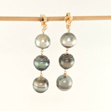 Load image into Gallery viewer, 14k Gold Fill Past, Present &amp; Future Three Tahitian Pearl Clip-On Dangle Earrings