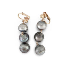 Load image into Gallery viewer, 14k Gold Fill Past, Present &amp; Future Three Tahitian Pearl Clip-On Dangle Earrings