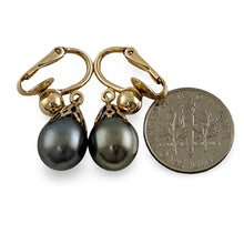 Load image into Gallery viewer, Non Pierced Black Tahitian Pearl Dangle Earrings – 14k Yellow Gold &amp; Fill