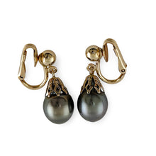 Load image into Gallery viewer, Non Pierced Black Tahitian Pearl Dangle Earrings – 14k Yellow Gold &amp; Fill