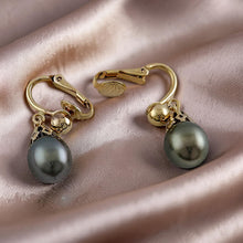 Load image into Gallery viewer, Non Pierced Black Tahitian Pearl Dangle Earrings – 14k Yellow Gold &amp; Fill