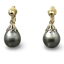 Load image into Gallery viewer, Non Pierced Teardrop Tahitian Pearl Dangle Earrings – 14k Yellow Gold &amp; Fill