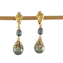 Load image into Gallery viewer, Non Pierced Black Tahitian Pearl Dangle Earrings – 14k Yellow Gold &amp; Fill