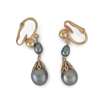 Load image into Gallery viewer, Non Pierced Black Tahitian Pearl Dangle Earrings – 14k Yellow Gold &amp; Fill