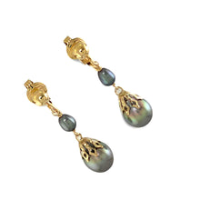 Load image into Gallery viewer, Non Pierced Black Tahitian Pearl Dangle Earrings – 14k Yellow Gold &amp; Fill