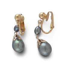 Load image into Gallery viewer, Non Pierced Black Tahitian Pearl Dangle Earrings – 14k Yellow Gold &amp; Fill