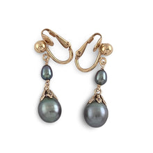Load image into Gallery viewer, Non Pierced Black Tahitian Pearl Dangle Earrings – 14k Yellow Gold &amp; Fill