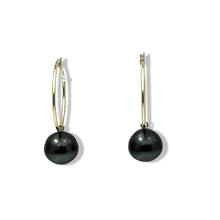 Load image into Gallery viewer, Real Black Tahitian Pearl Hoop Earrings – 14k Yellow Gold